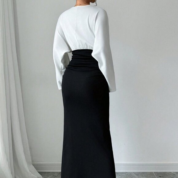 Black Elegant Women's Patchwork Long Sleeve Pleated Hem Casual Dress - Picture 2 of 6